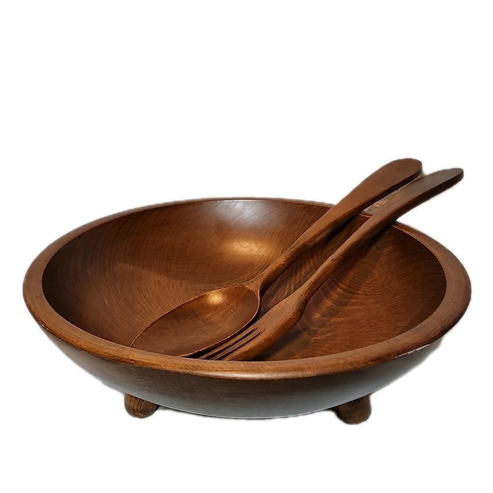 Woodcroftery 10.5" Footed Salad Bowl & Utensil Serving Set. Excellent Condition
